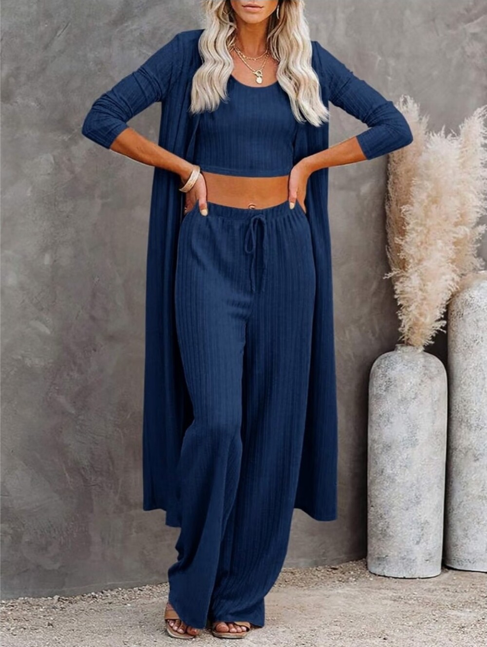 3pcs Lounge Set Long Sleeve Cardigan Sleeveless Top Pants Sweatsuit